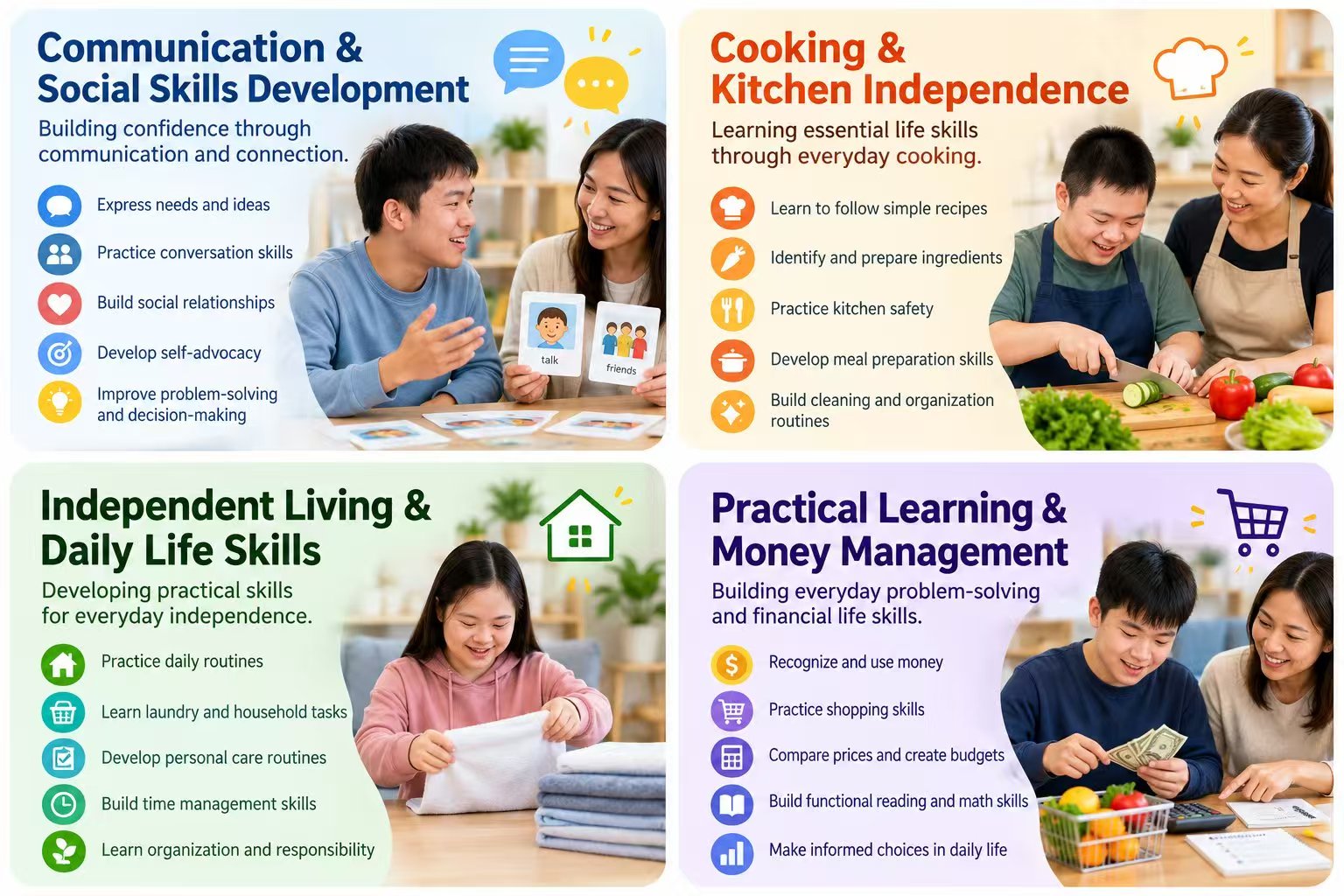 Overview of iApex Foundation courses: Communication & Social Skills Development, Cooking & Kitchen Independence, Independent Living & Daily Life Skills, and Practical Learning & Money Management