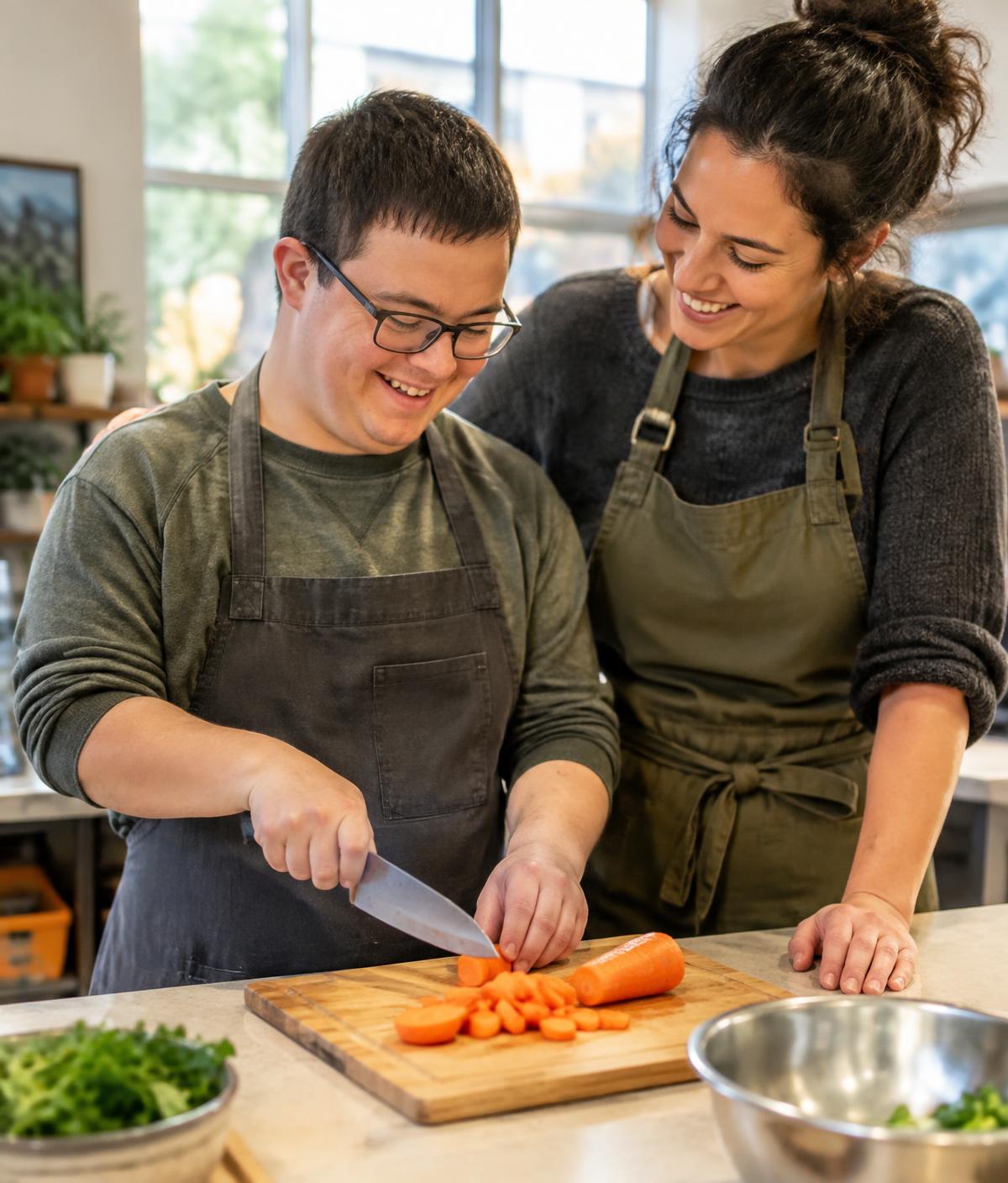 A participant and mentor practicing cooking skills together